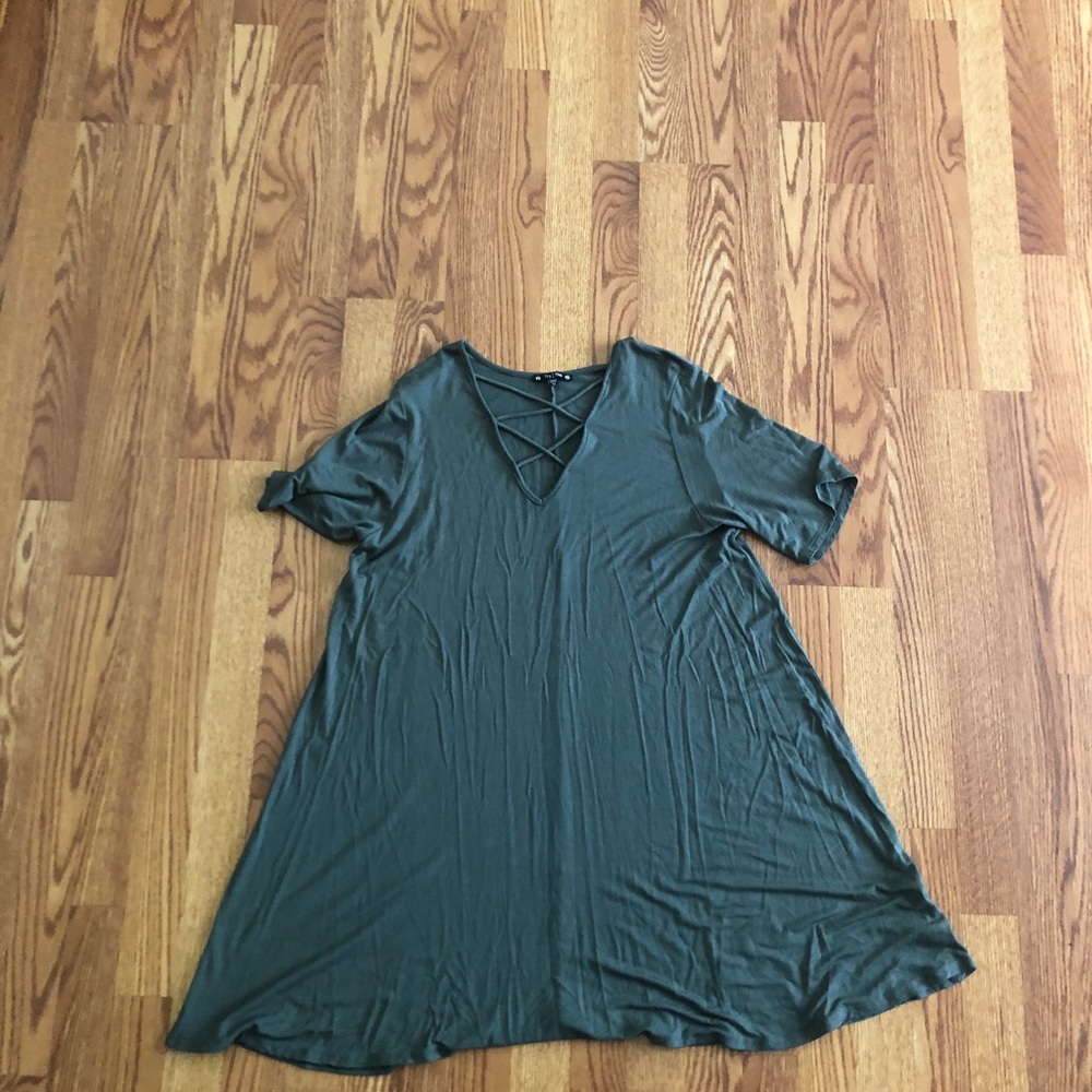 Mid-length, strappy, plus sized green dress